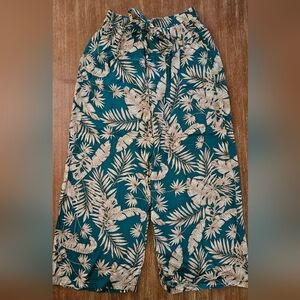 Green Tropical Leaf Print Pants Bohemian Wide Leg Palazzo Pants